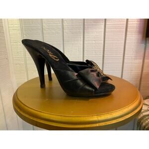 vintage 1970s black leather mules onex studded bow 70s high heel shoes slides 6